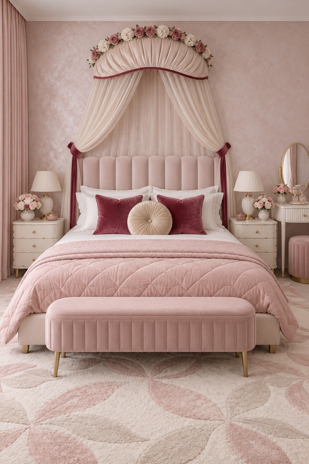 Pink bedroom with a pleated fan canopy, ivory drapes, burgundy tiebacks, and a channeled upholstered bench