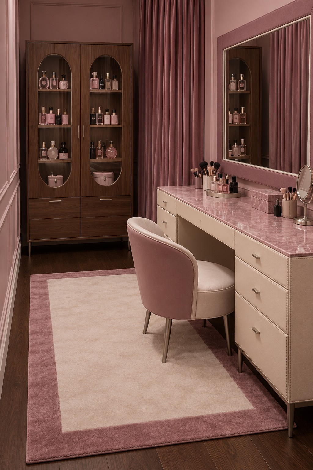 Dusty pink vanity room with a pink veined countertop, cream drawers, rose chair, and dark wood display cabinet