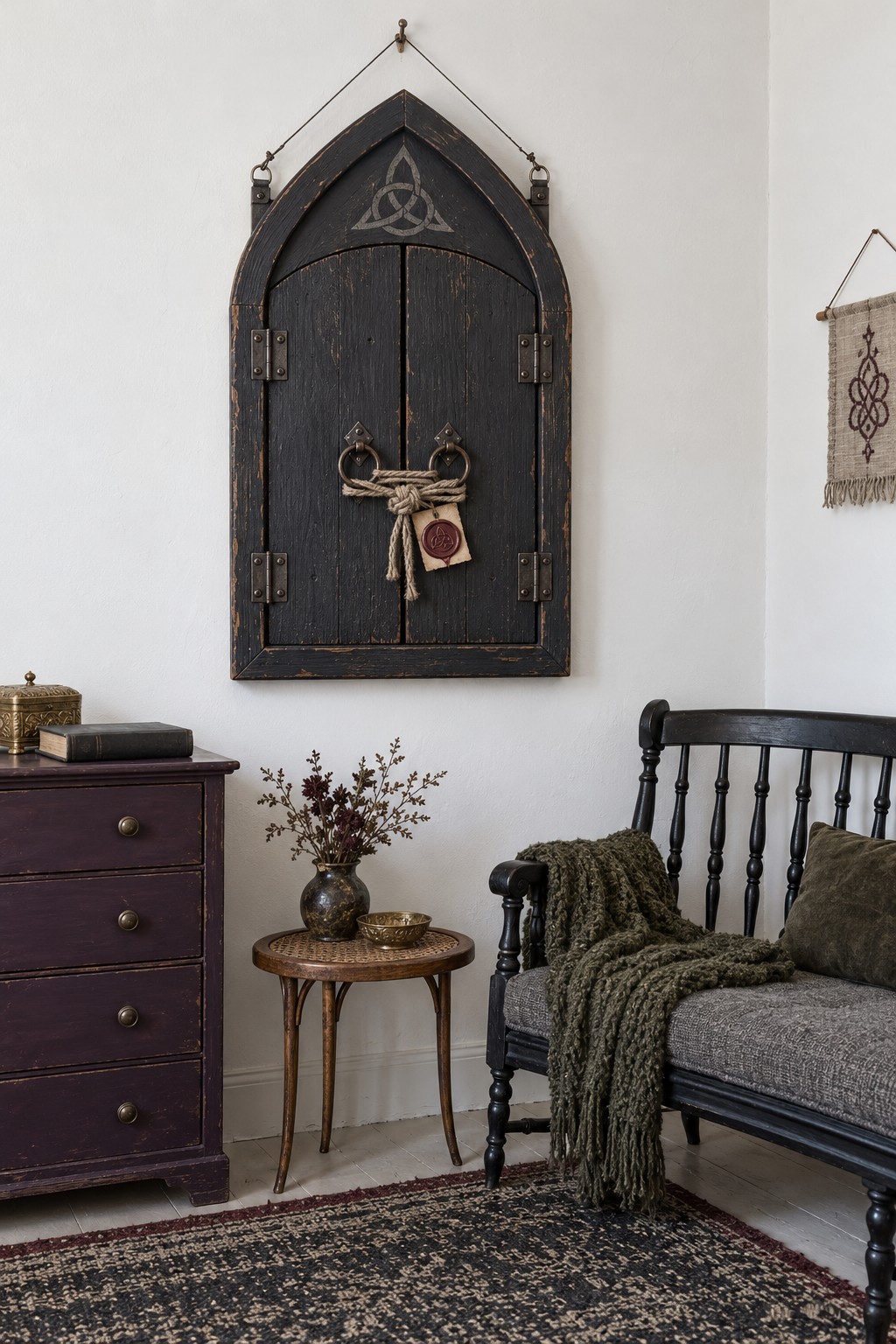 Pointed black wooden shutter style wall plaque with decorative hinges, two ring handles, tied natural cord and a burgundy seal tag