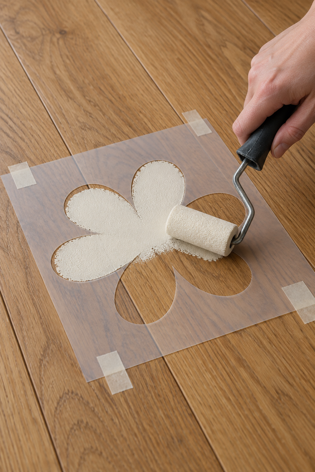 Small roller applying a pale undercoat through a flower stencil on a wooden floor