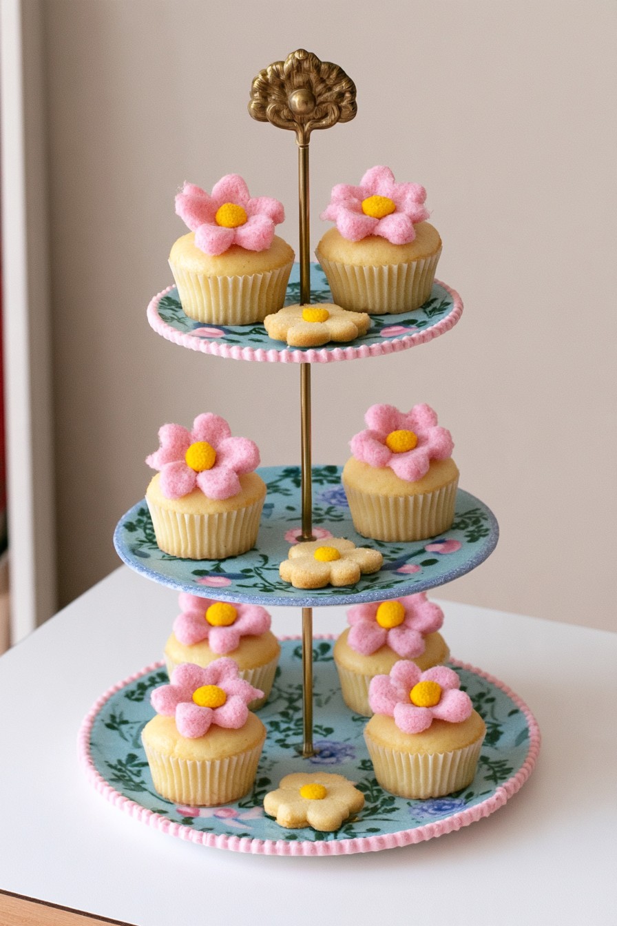 Tiered floral plates with pink and blue details and a warm toned center fitting