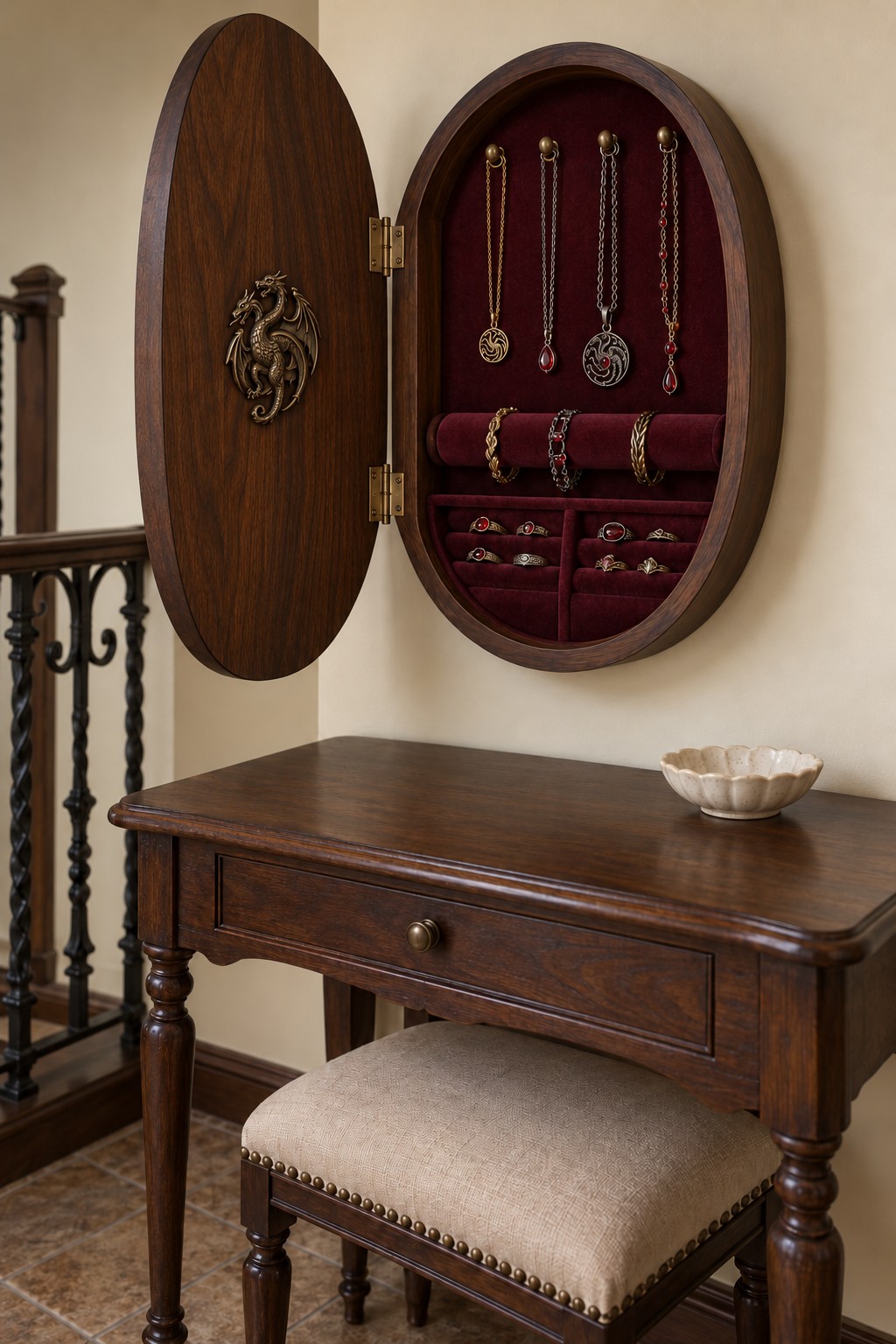 Oval wooden wall jewelry cabinet with burgundy lining, necklace hooks, bracelet storage, and a dragon ornament inside the door