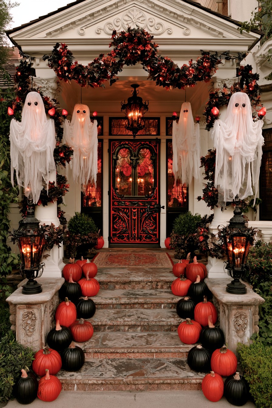 White ghosts among red and black garlands around an ornate front door