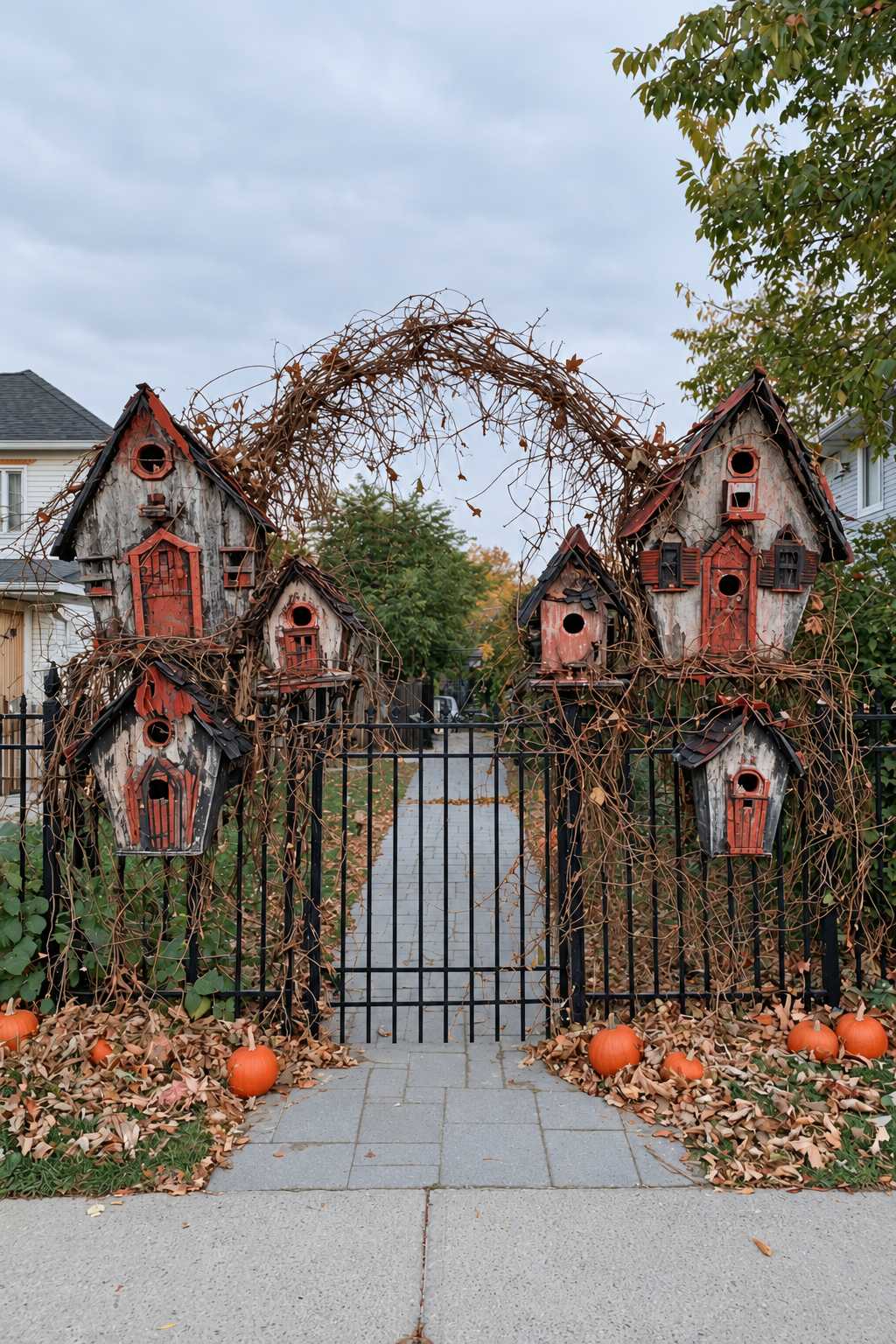 Metal garden gate surrounded by weathered miniature house props with red trim and a twisted vine arch