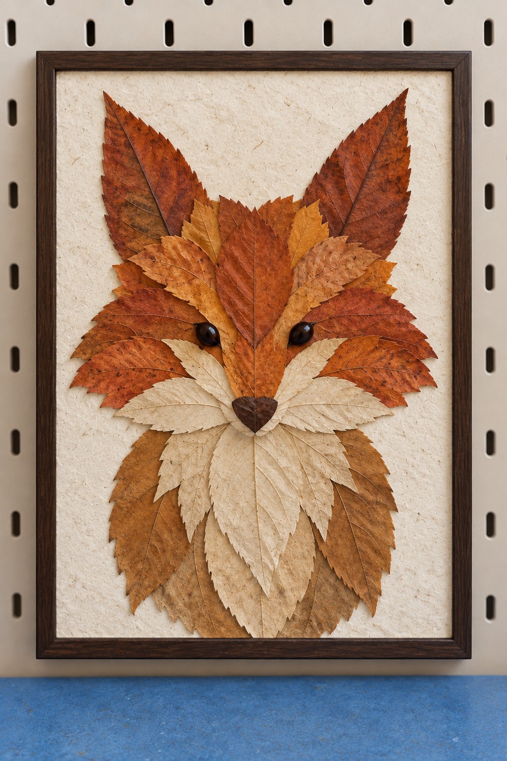 Framed fox portrait built from rust brown and cream leaves with pointed ears and a pale muzzle