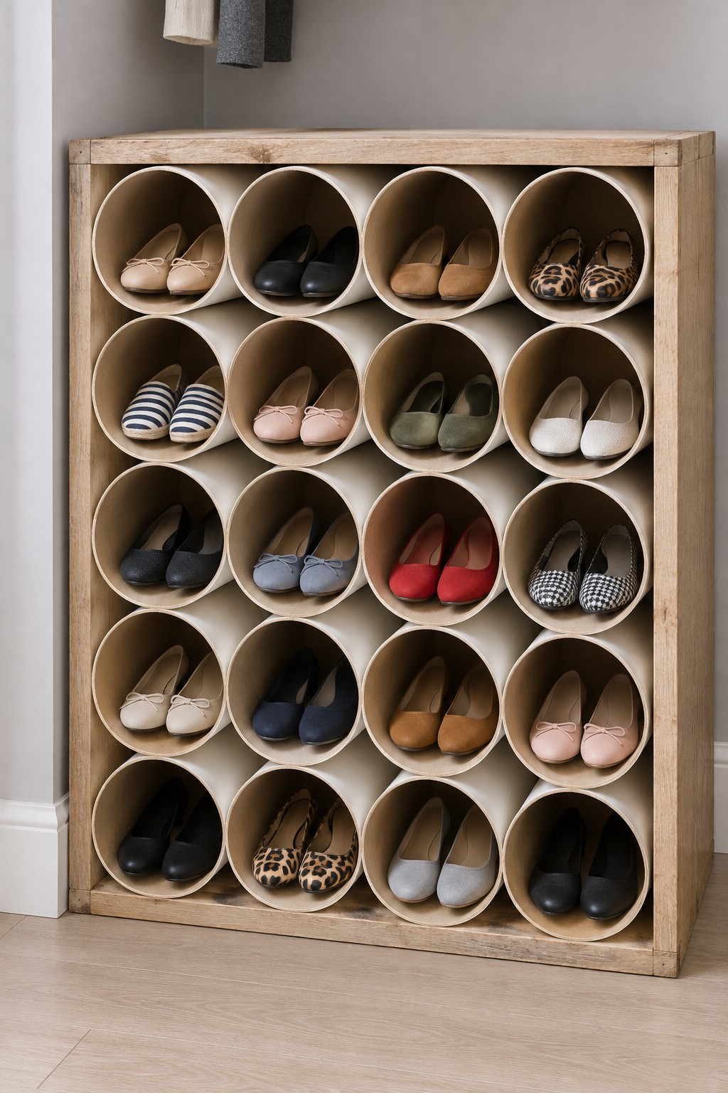 Wooden shoe cabinet containing twenty large cardboard tube compartments arranged in five rows holding pairs of flat shoes