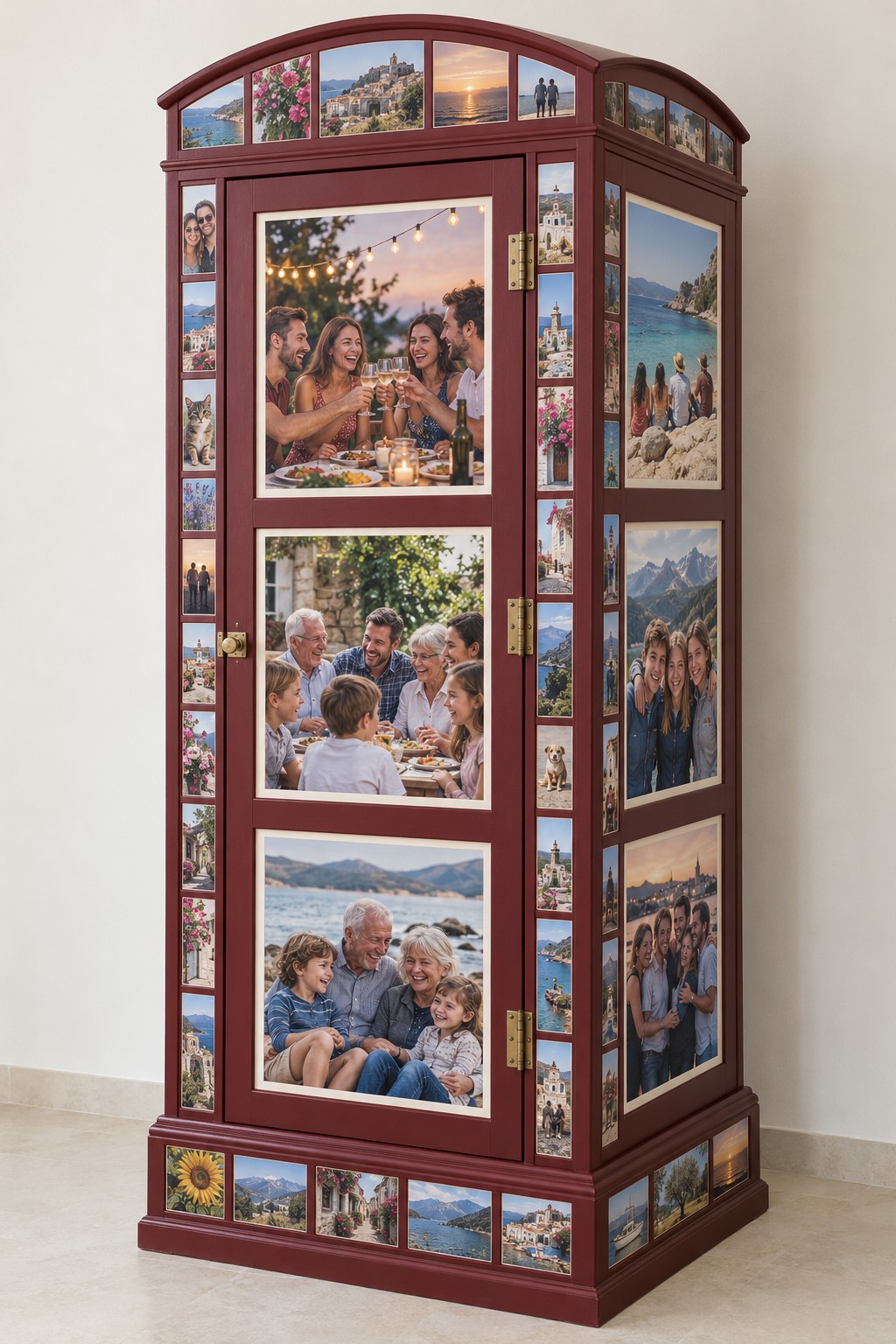 Burgundy telephone booth inspired cabinet covered with large and small family photo panels