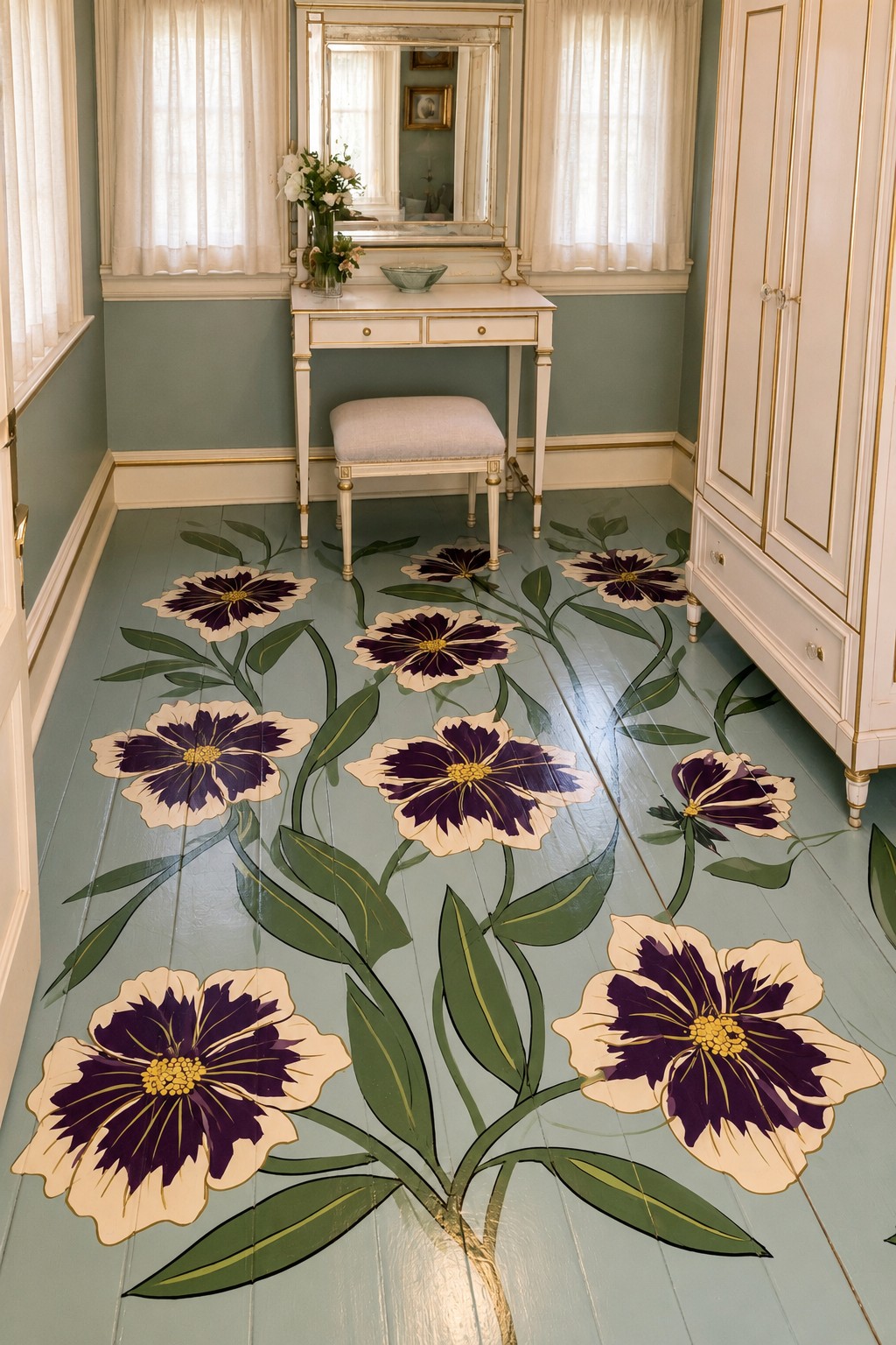 Oversized plum and cream flowers with tall green stems on a muted blue dressing room floor