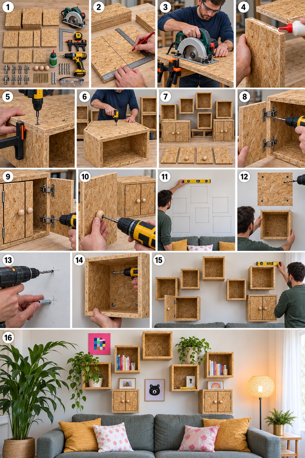 Sixteen panel sequence showing board storage cubes assembled, optional doors fitted, and modules mounted separately on a wall