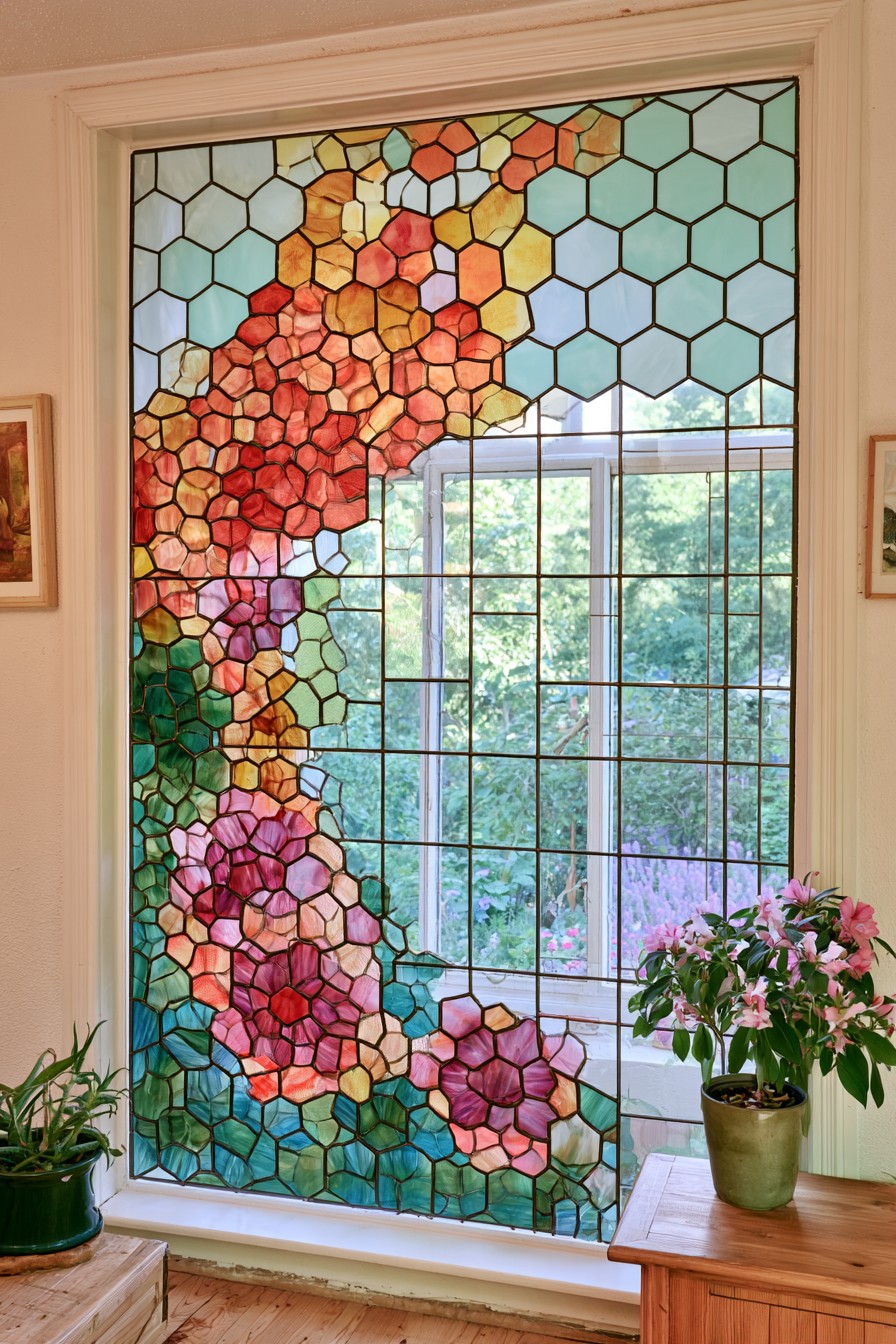 Hexagonal window pattern with coral and amber clusters along the left side and a clearer right center