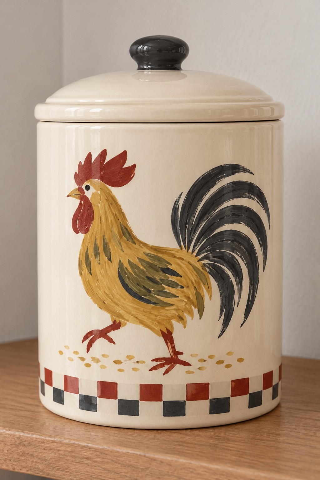 Cream lidded kitchen canister with a painted rooster and red and black checker trim