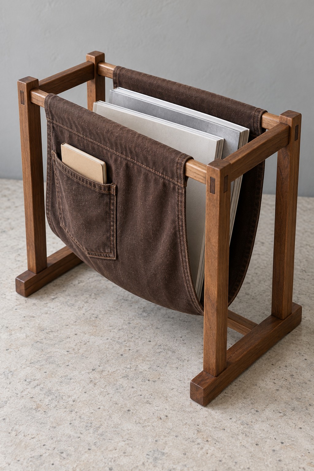 Wooden magazine rack with brown corduroy sling sides and an outer pocket