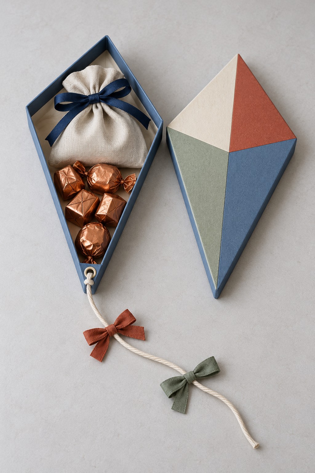 Long kite shaped gift box with a linen pouch, copper wrapped sweets, a geometric lid, and a bow decorated cord tail