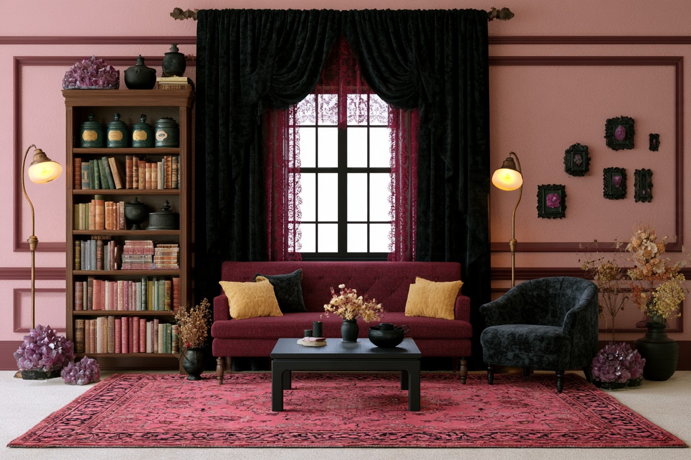Burgundy sofa and charcoal chair against dusty rose paneled walls, with a tall wood bookcase and two brass floor lamps