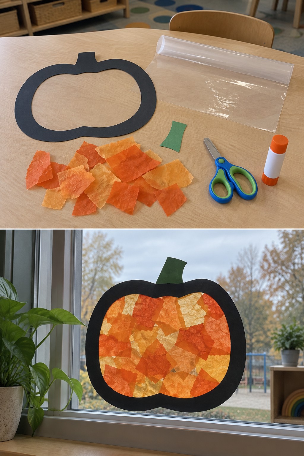 Pumpkin frame, tissue and clear adhesive sheet above an orange and yellow window suncatcher