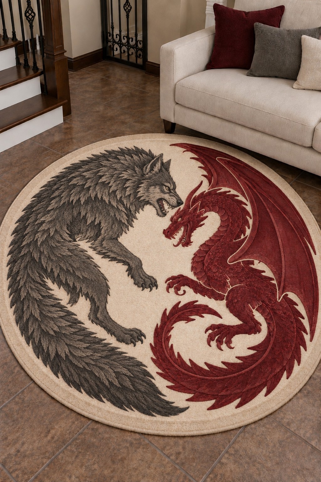 Circular ivory rug with a charcoal direwolf facing a burgundy dragon beside a cream sofa