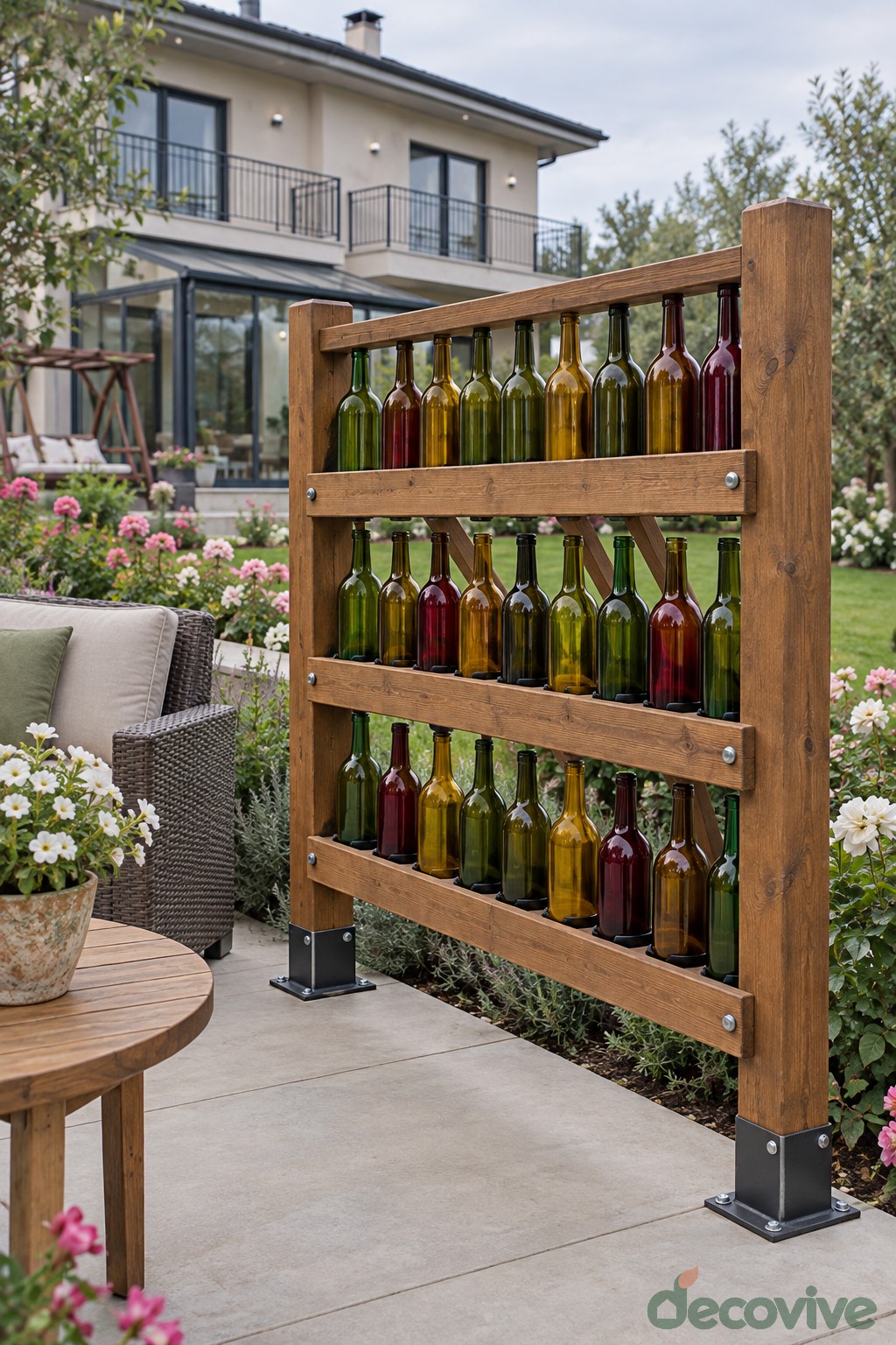Colored wine bottles arranged upright across three shelves in a timber patio divider
