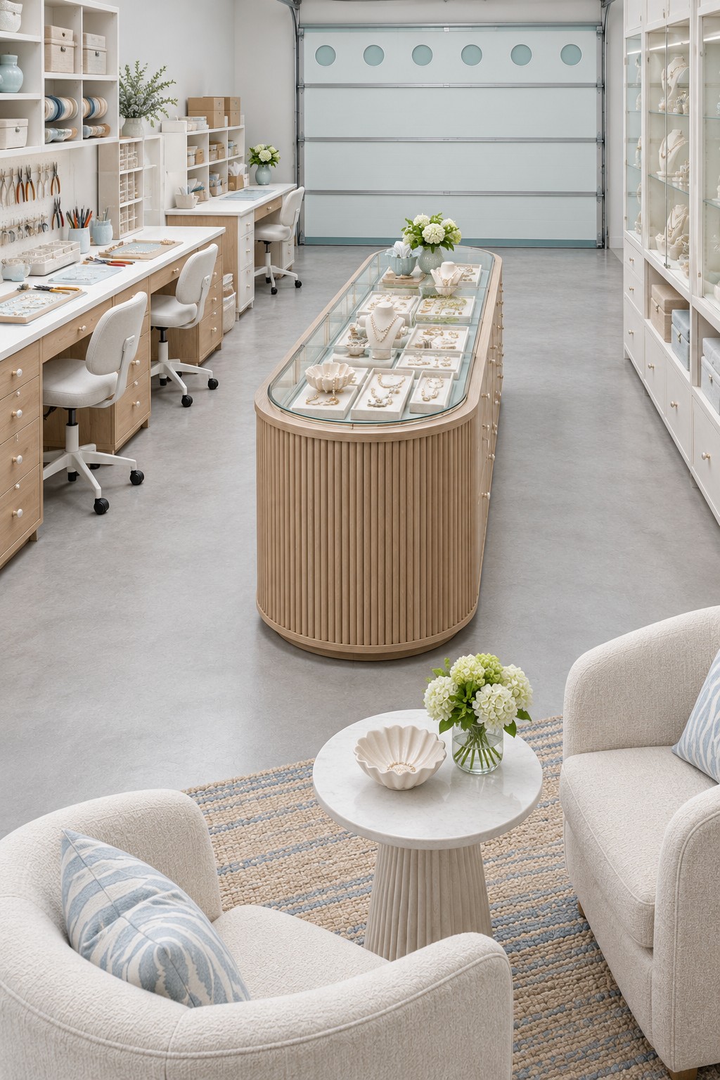 Pale garage jewelry studio with tool lined workbenches, shallow drawers, a glass display island, and blue door