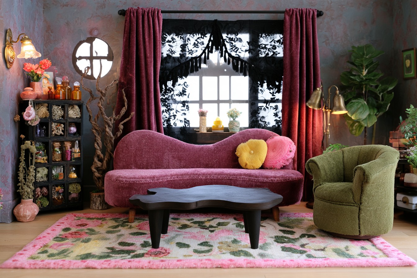 Curved plum sofa and olive armchair beside a black cubby cabinet, with a cloud shaped table and botanical lace curtains