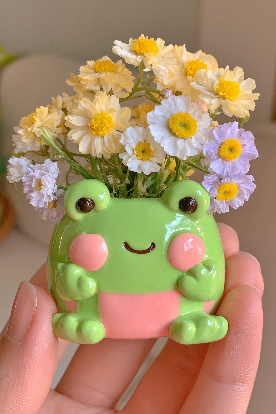 Green frog shaped flower holder with raised eyes, pink cheeks, and a yellow and white bouquet