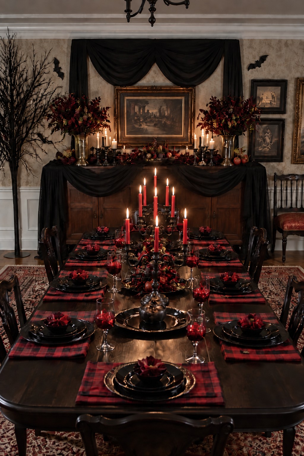 Red-and-black plaid place settings with black dishes, red tapers, and a draped wood sideboard