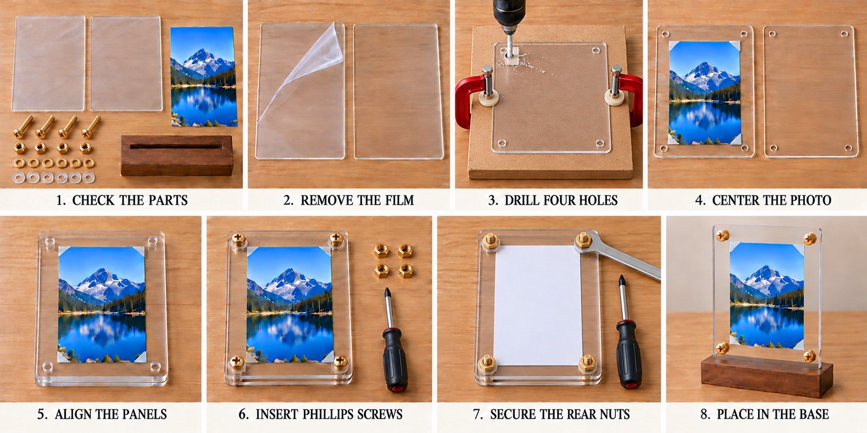 Eight step collage preparing undrilled acrylic panels removing film drilling holes and assembling a photo frame with brass colored Phillips screws rear hex nuts and a walnut base