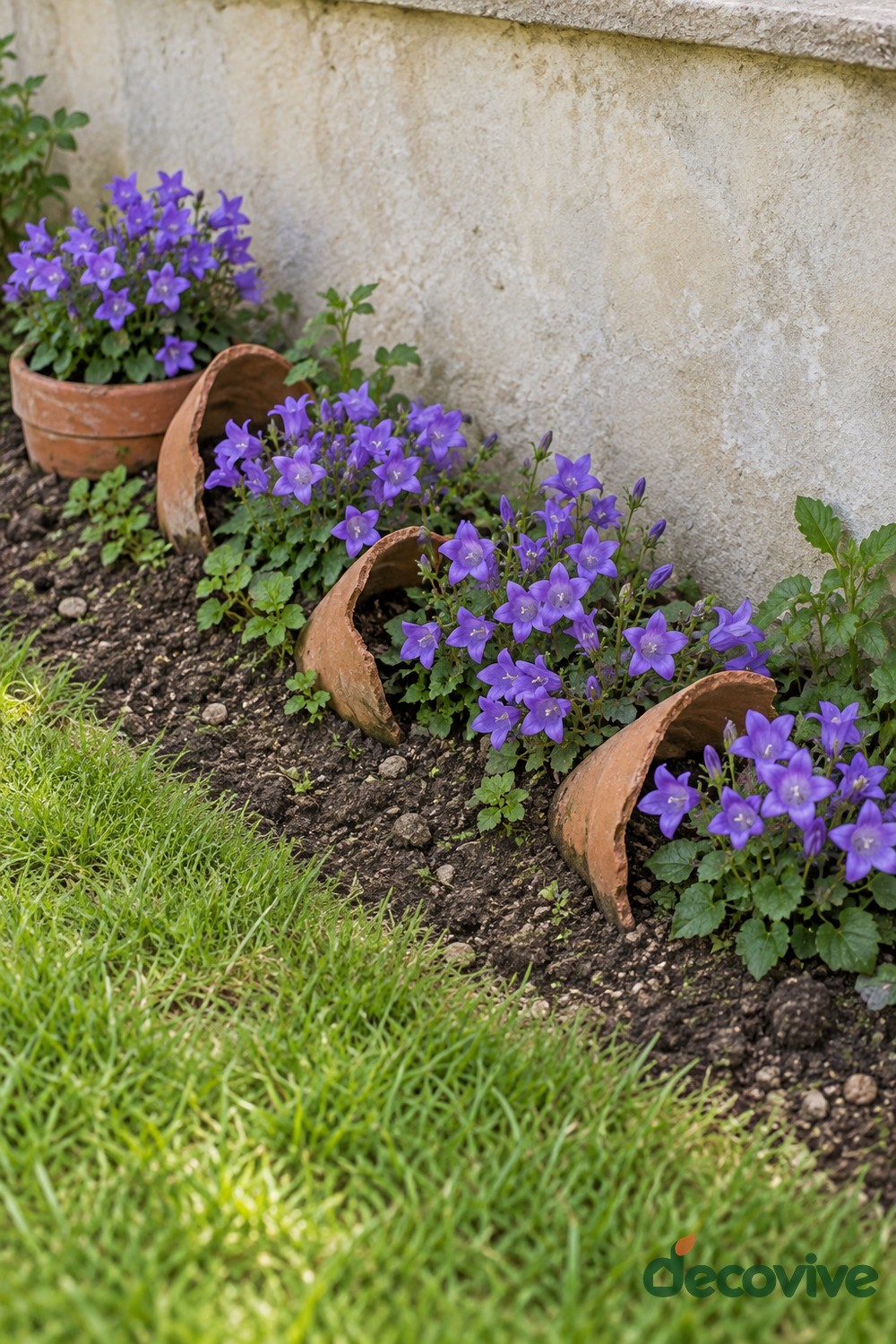 Purple Flowers Tumbling from Three Broken Pots