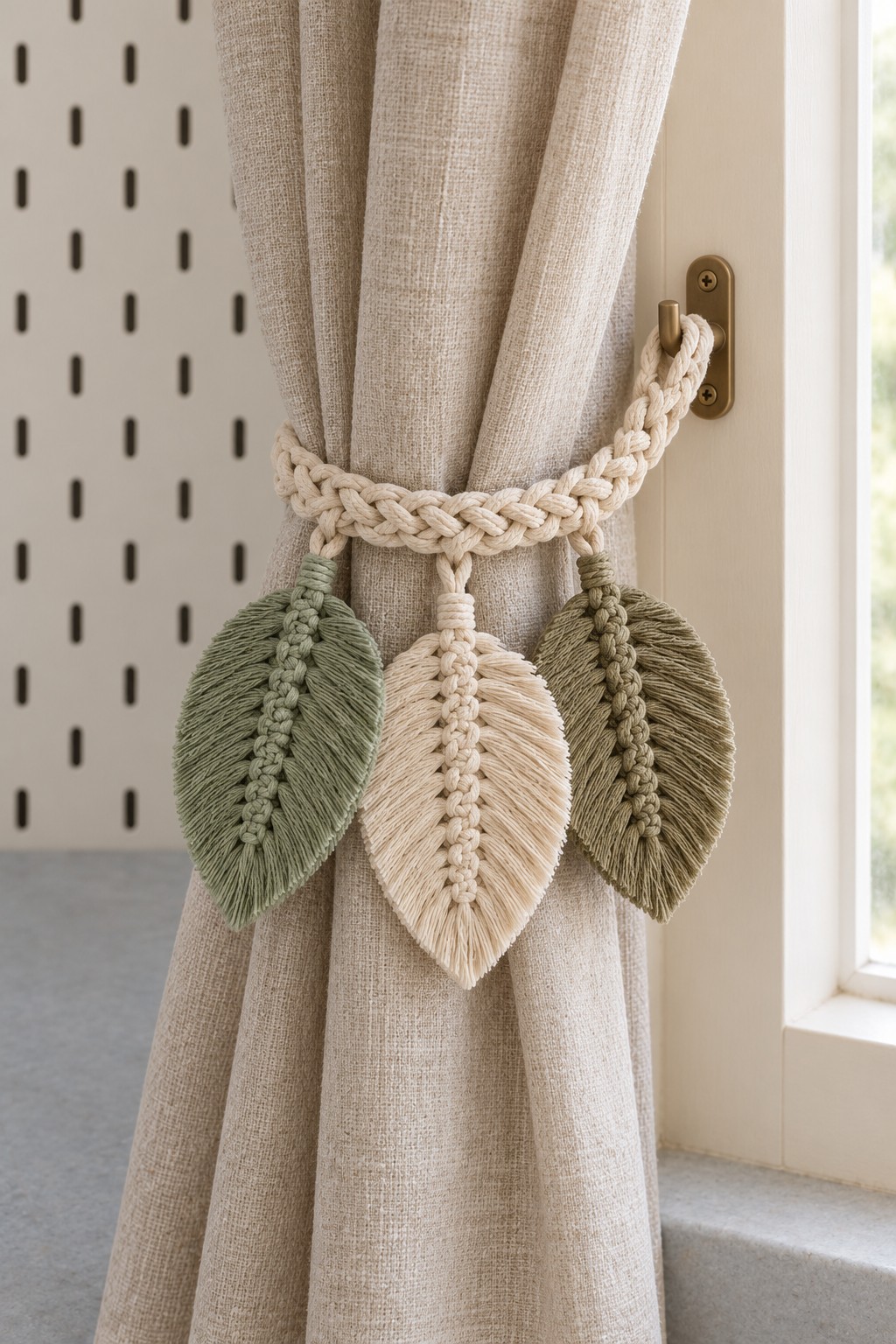 Cream macrame curtain tieback with sage ivory and olive fringed cord leaves
