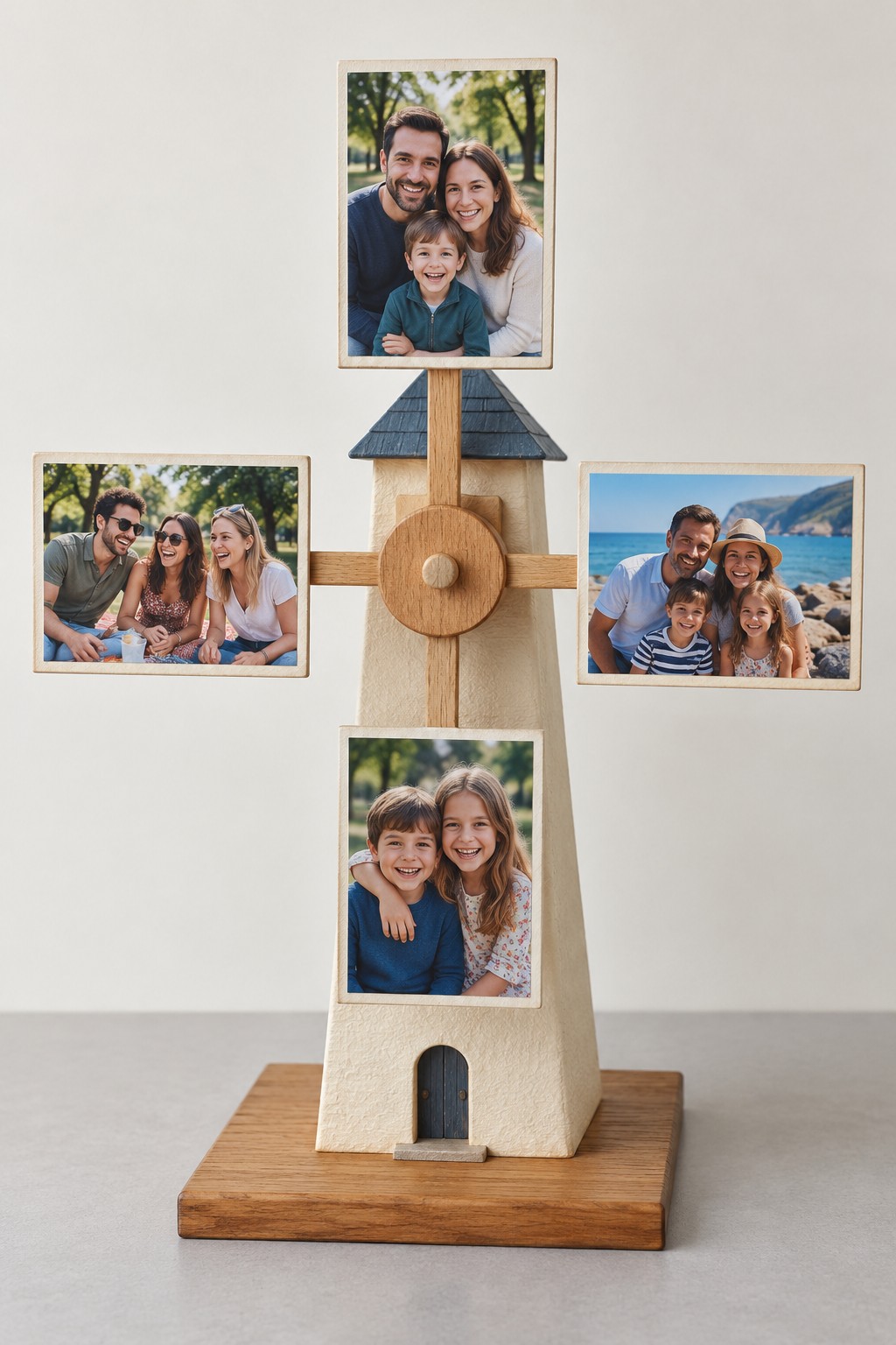 Wooden windmill ornament with four photo cards at the ends of its fixed display arms