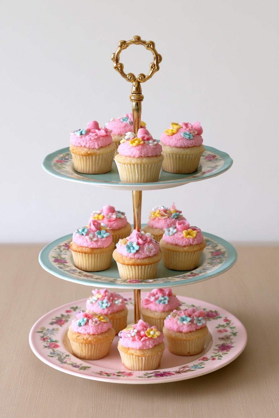 Vintage floral plate cupcake stand on a dessert table