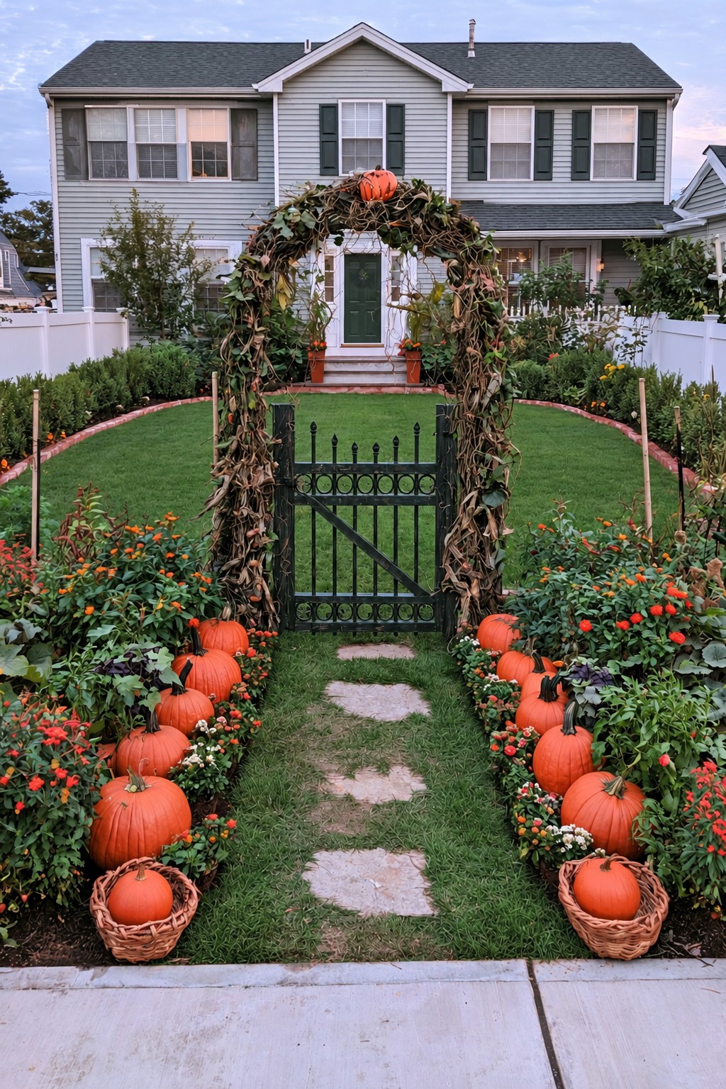 Vine-covered arch and black gate approached by stepping stones and orange pumpkin groups