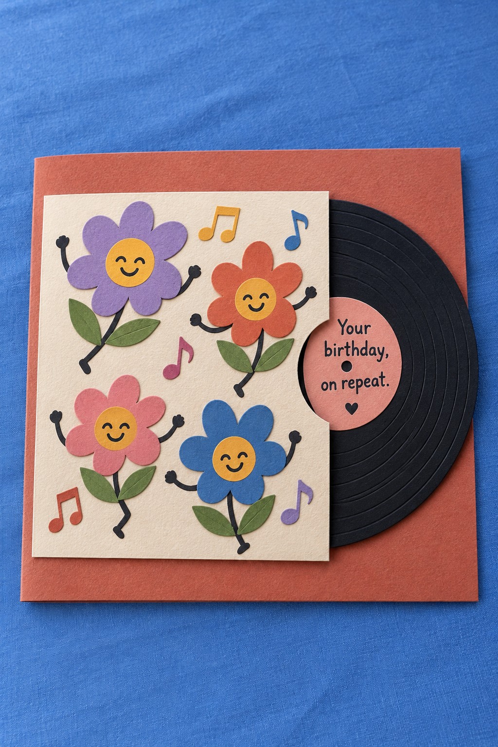 Coral birthday card with a smiling floral record sleeve and a black paper record