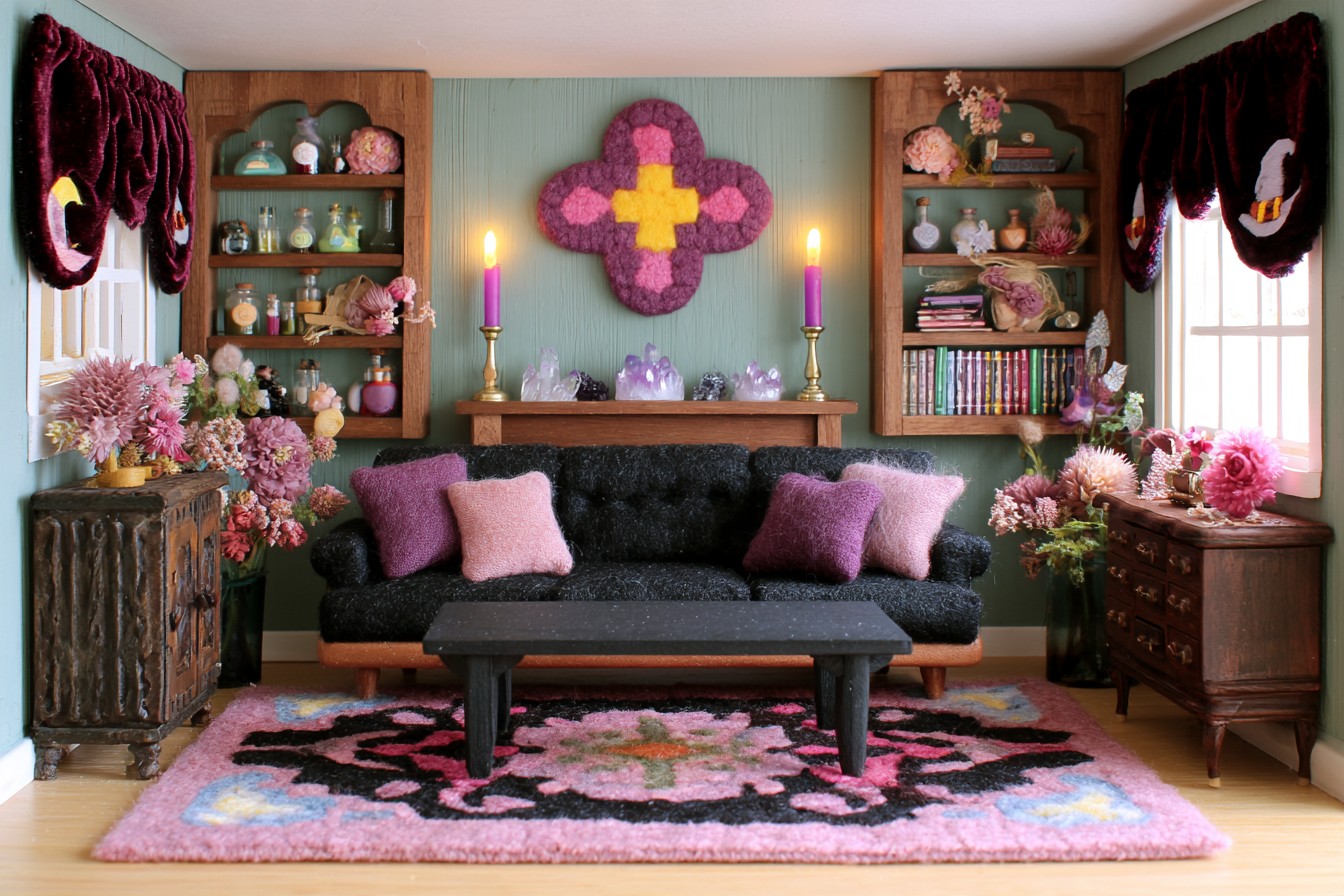 Black sofa with purple cushions between wood cabinets, with a large floral wall ornament and pink patterned rug