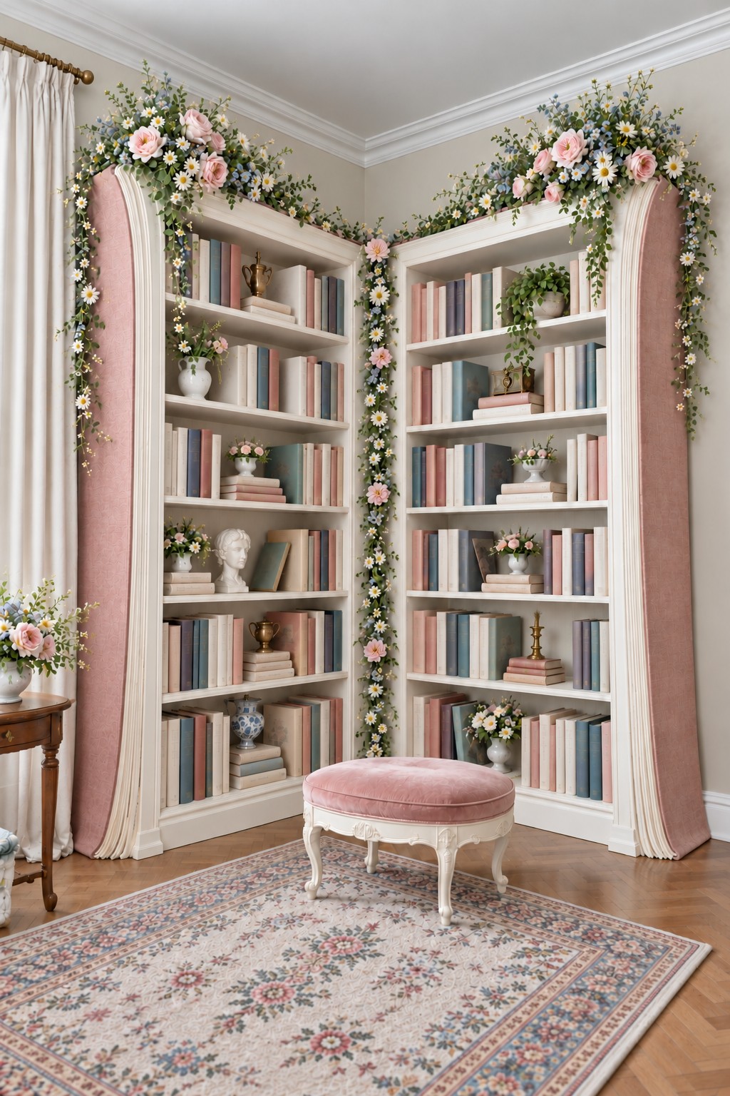 White corner bookcases with pink curtain panels, floral garlands, an oval pink ottoman and a patterned rug