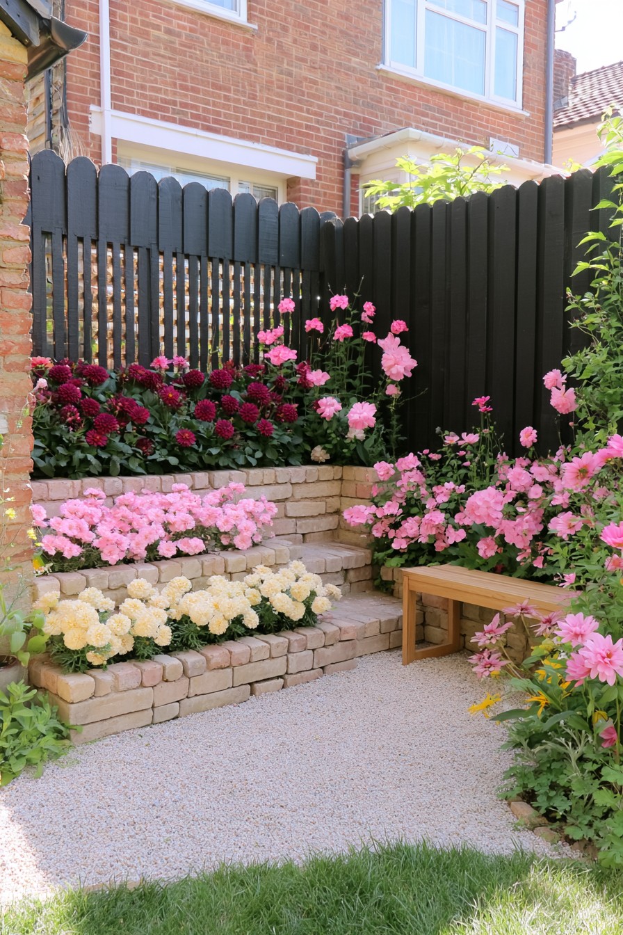 Three levels of masonry flower beds beside a wooden seat on a pale gravel area