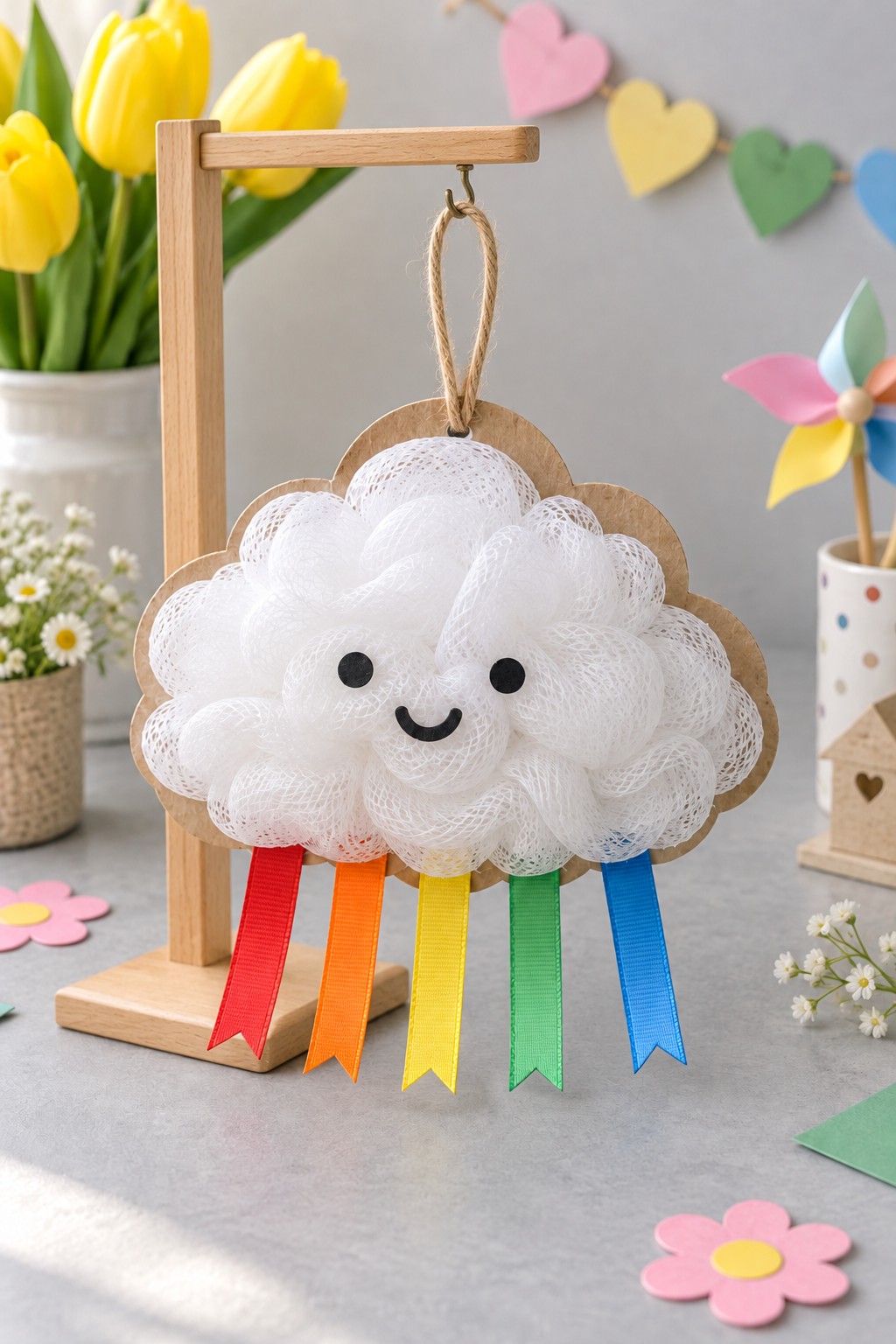 Smiling cardboard cloud covered with white mesh pouf material and five hanging rainbow ribbons