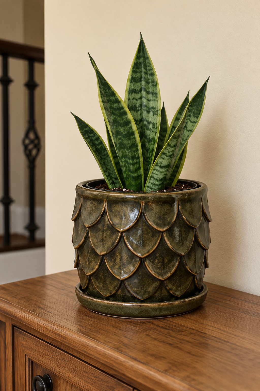 Bronze colored planter with overlapping scale shapes and upright green leaves on a wooden cabinet