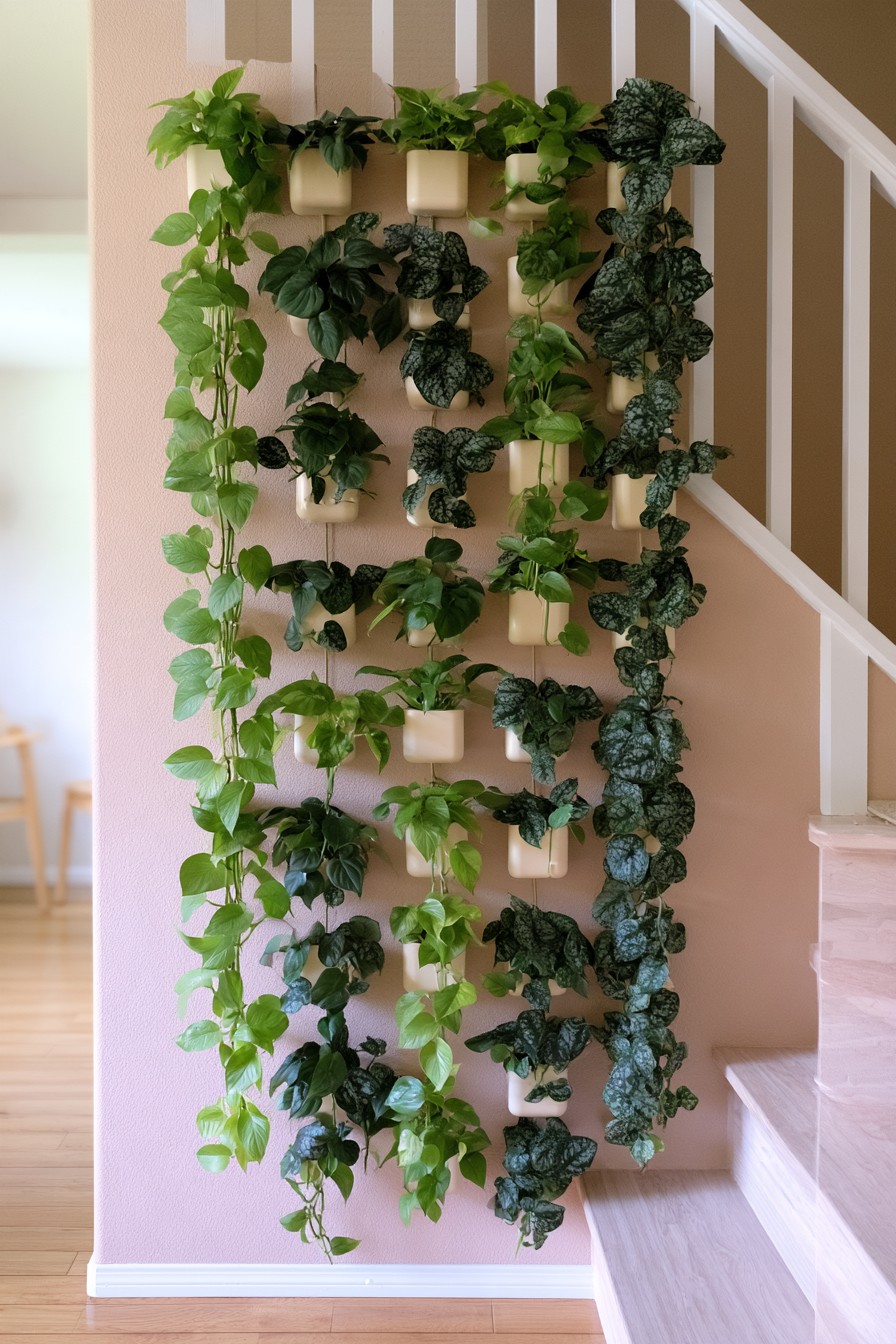 Close grid of small cream planters forming long green and silver foliage columns beside indoor stairs