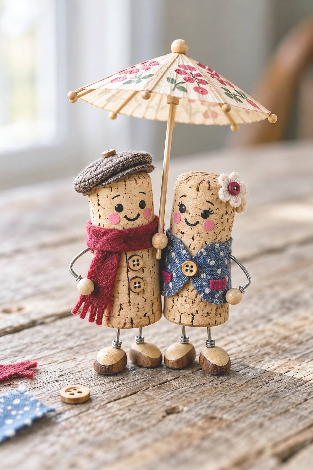 Two cork figures in fabric clothing beneath a miniature parasol
