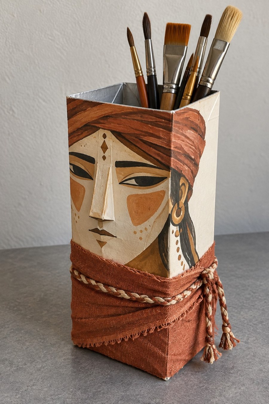 Painted portrait carton brush holder with terracotta fabric and braided cord