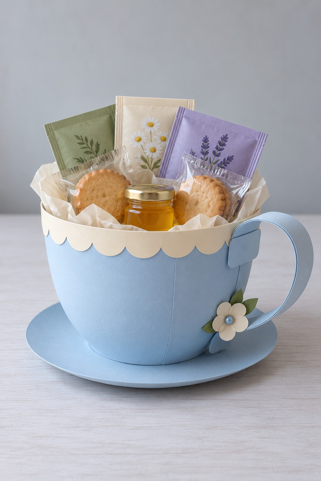 Large blue paper teacup and saucer holding tea sachets, wrapped biscuits, and a sealed honey jar