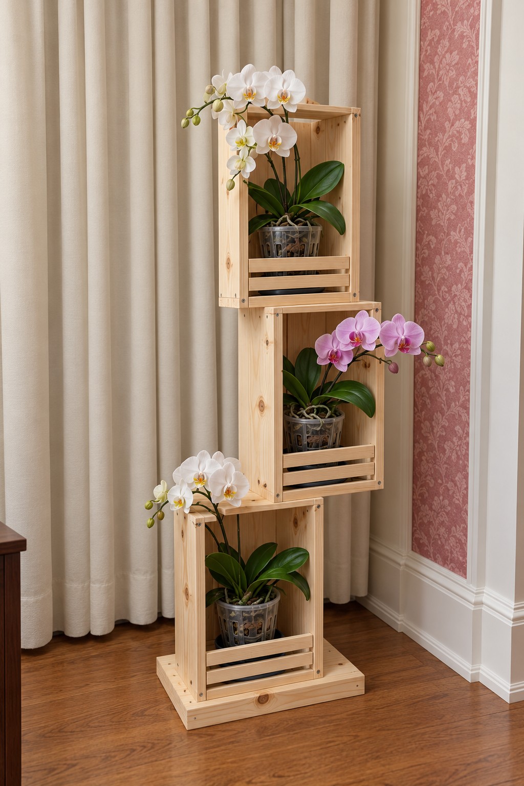 Three open pine crate compartments arranged vertically with white and pink orchids