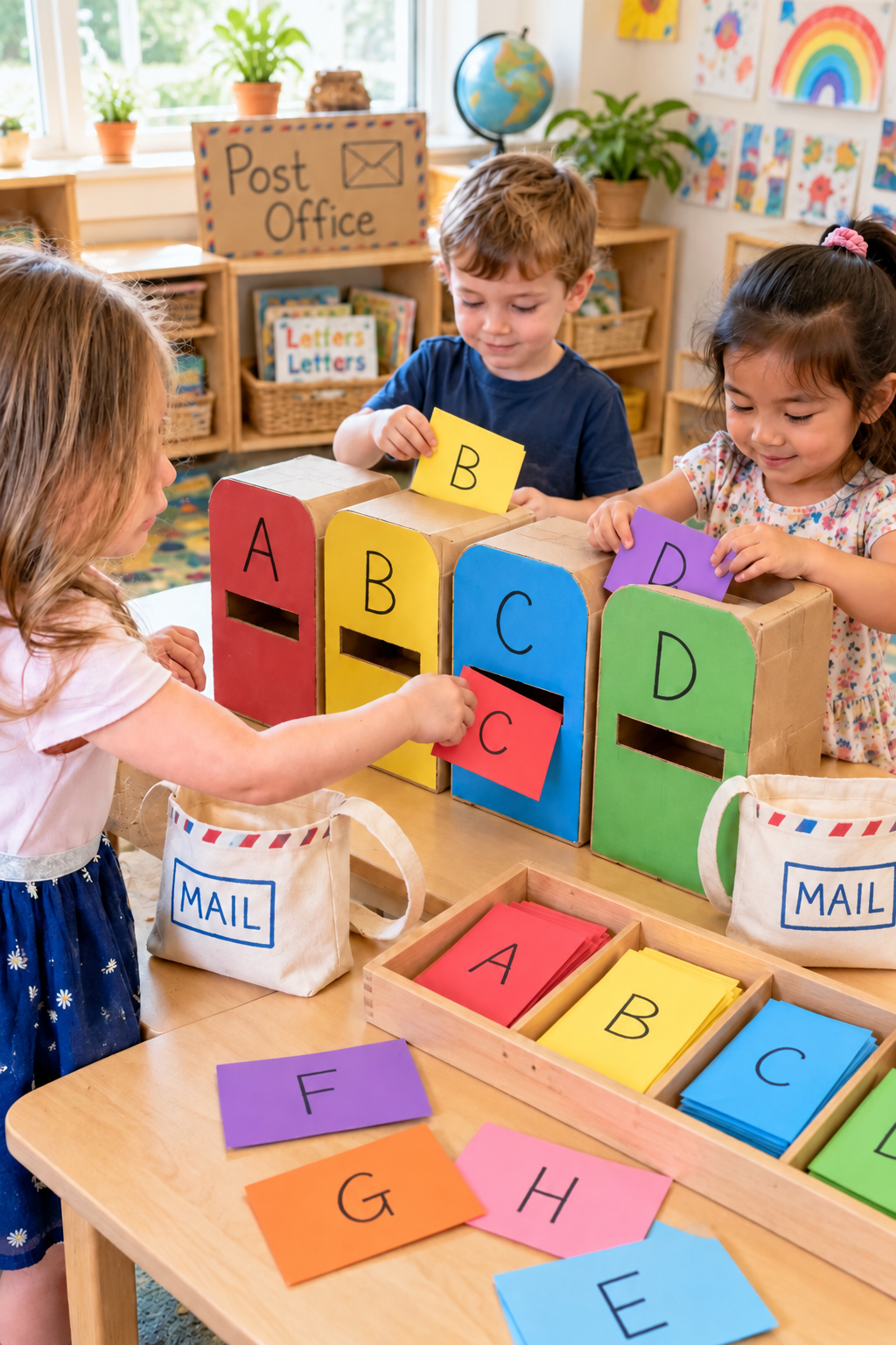 Children delivering uppercase B C and D cards to matching mailboxes