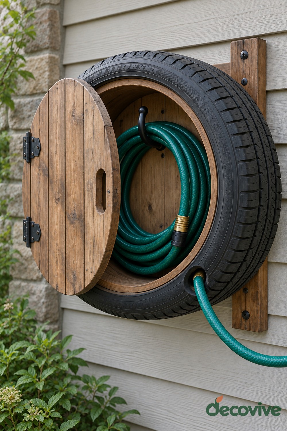 Black tire mounted on wooden wall boards with an open circular wooden door and a coiled green hose inside