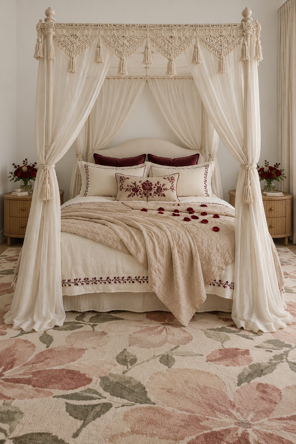 Ivory canopy bed with knotted trim, burgundy cushions, embroidered bedding, and a large floral rug
