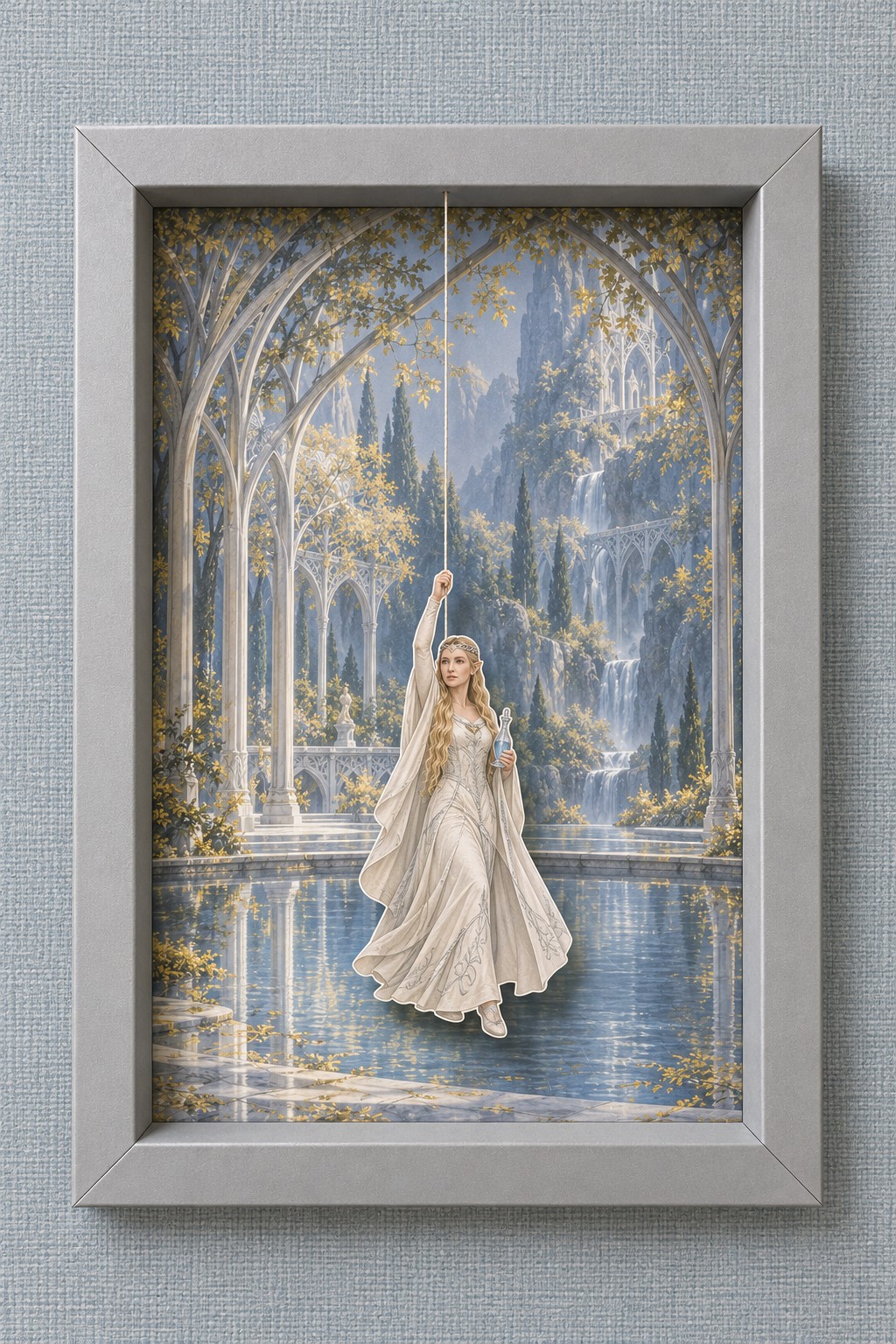 Silver gray paper frame with a suspended white gowned elf in front of arches, waterfalls and a reflecting pool