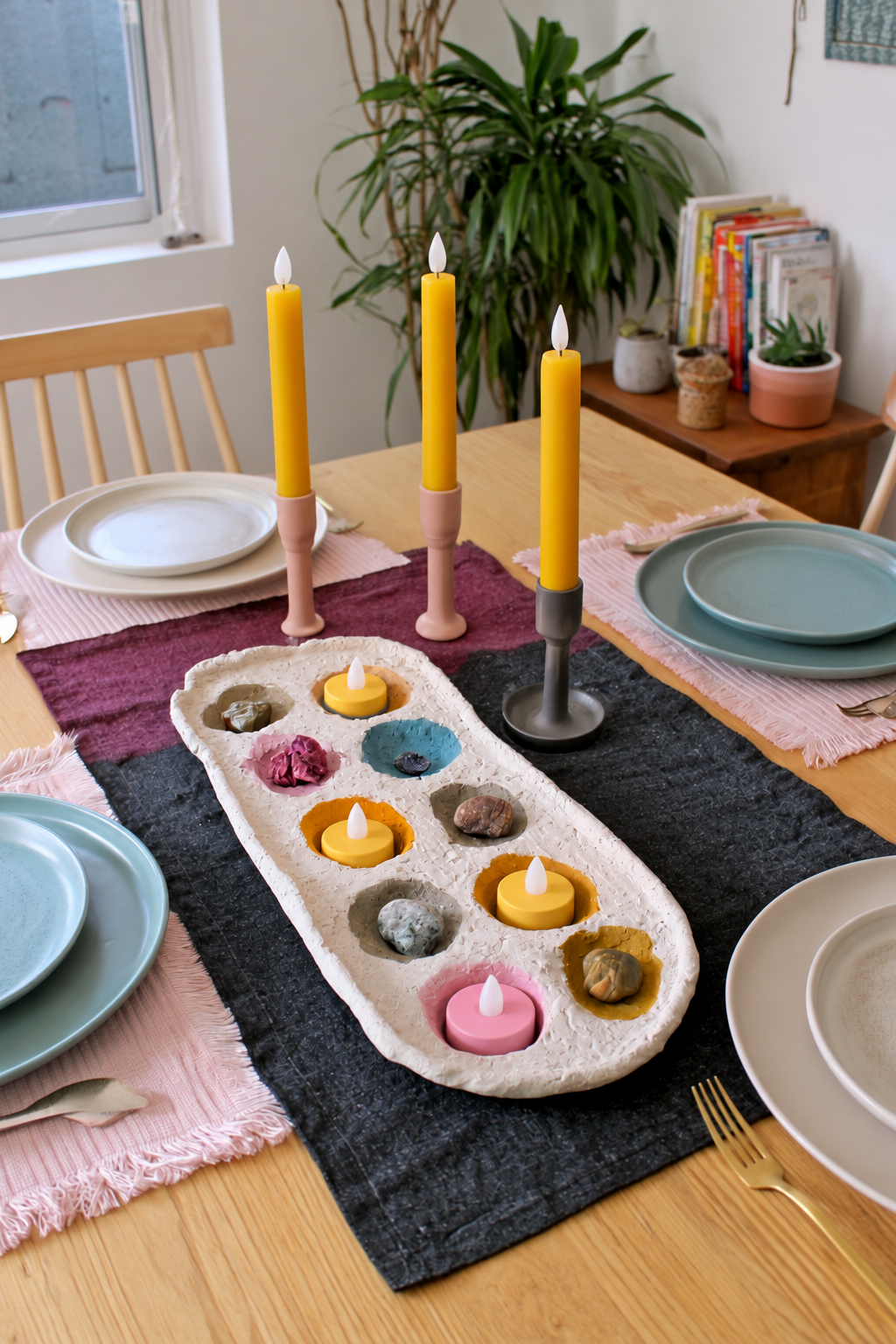 Long textured clay centerpiece tray with colorful flameless tealights