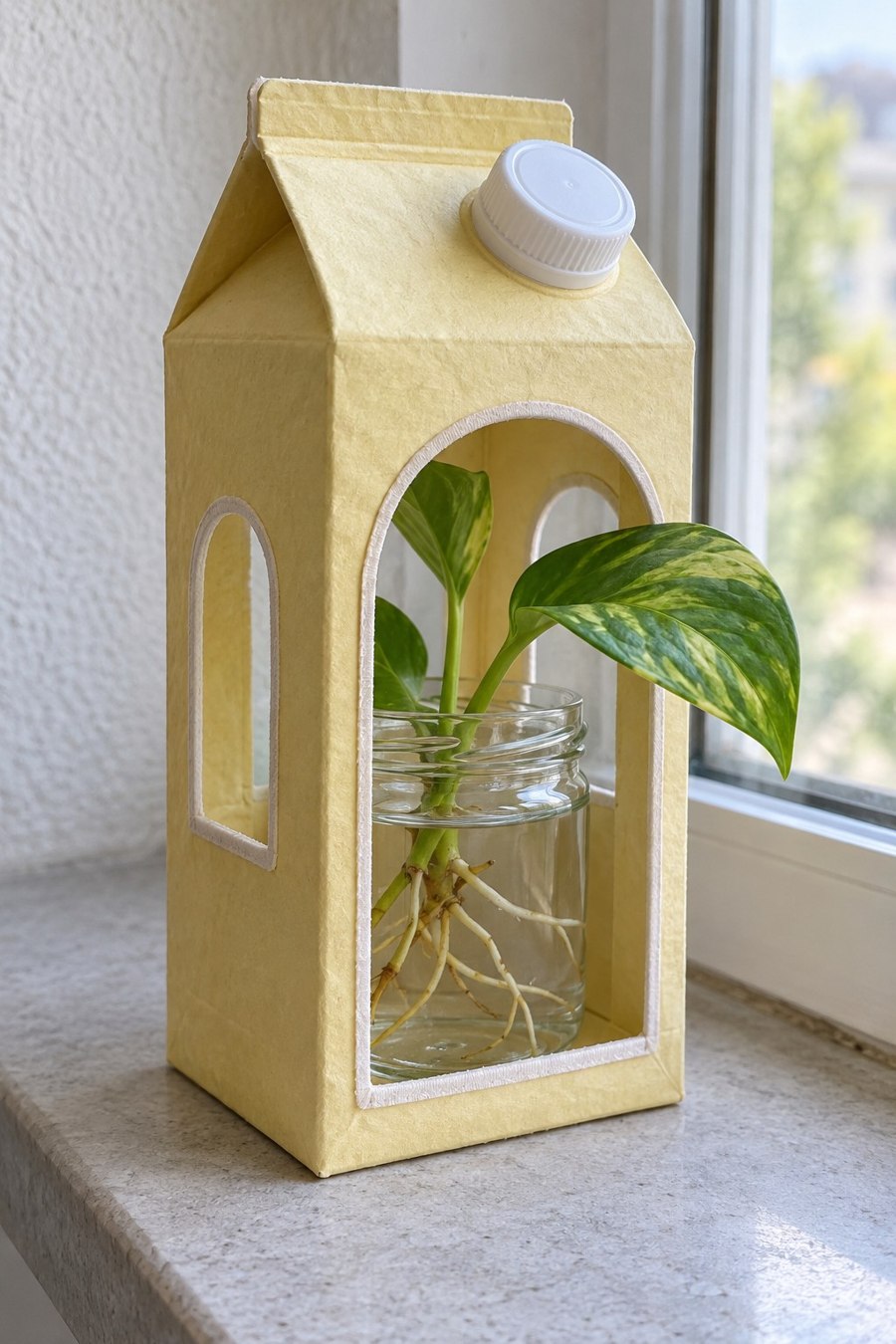 Yellow carton house surrounding a glass jar with a leafy plant cutting