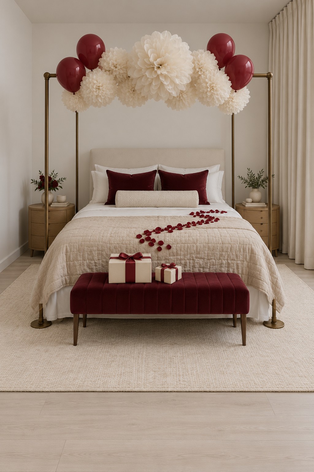 Metal canopy with large ivory floral decorations and burgundy balloons above a cream bed and red bench