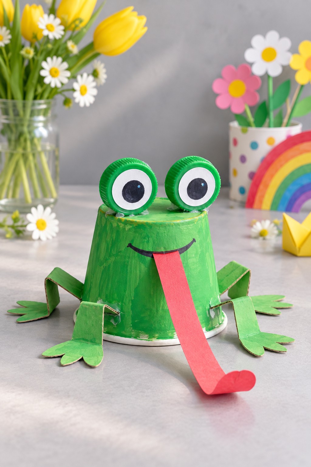 Green upside down cup frog with bottle cap eyes, four cardboard legs, and a long red paper tongue